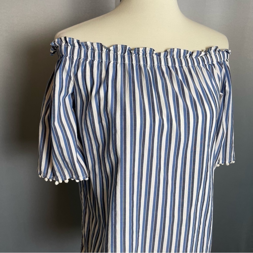 Trina Turk Off Shoulder Blue White Striped Pom Pom Blouse Top Size Small - Picture 4 of 13